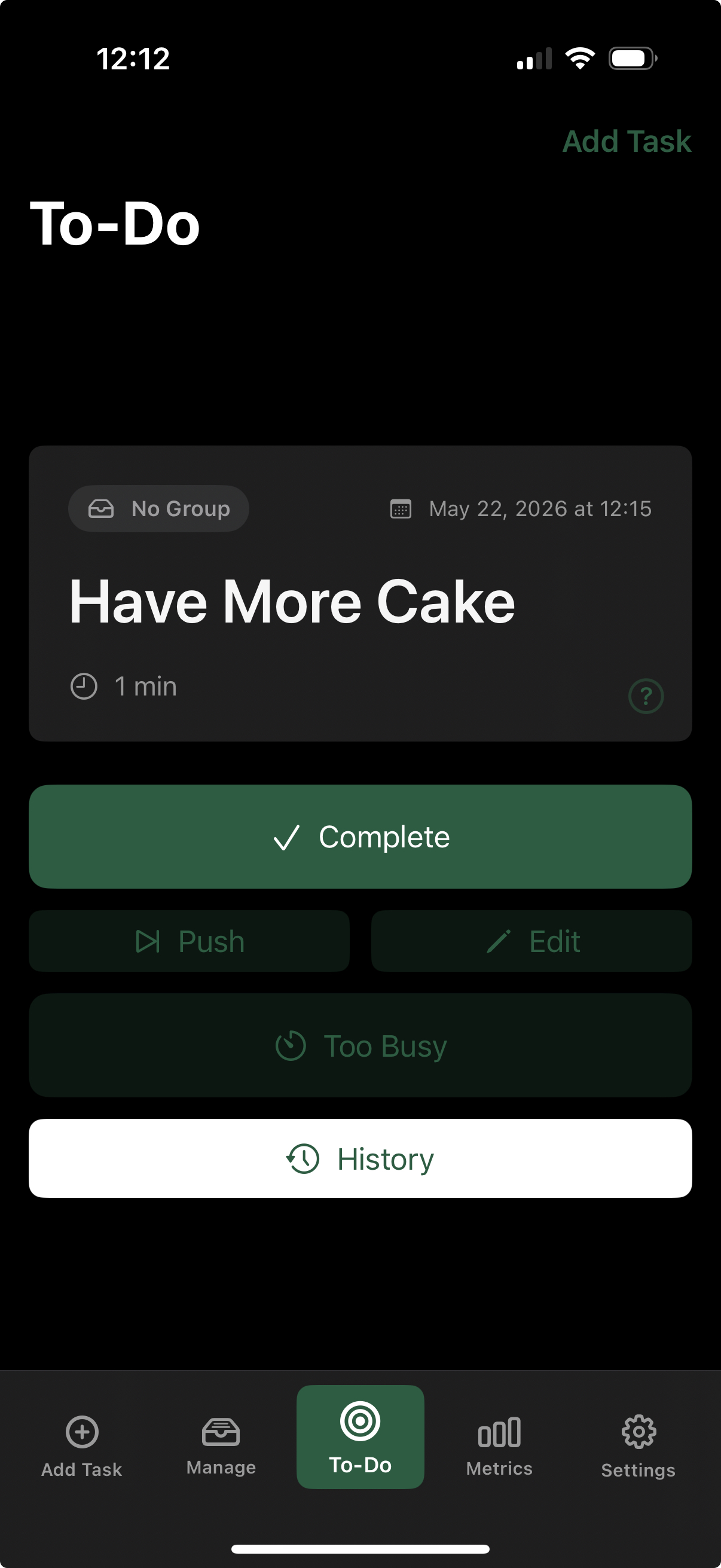 Priorities app To-Do screen showing a task named Have More Cake